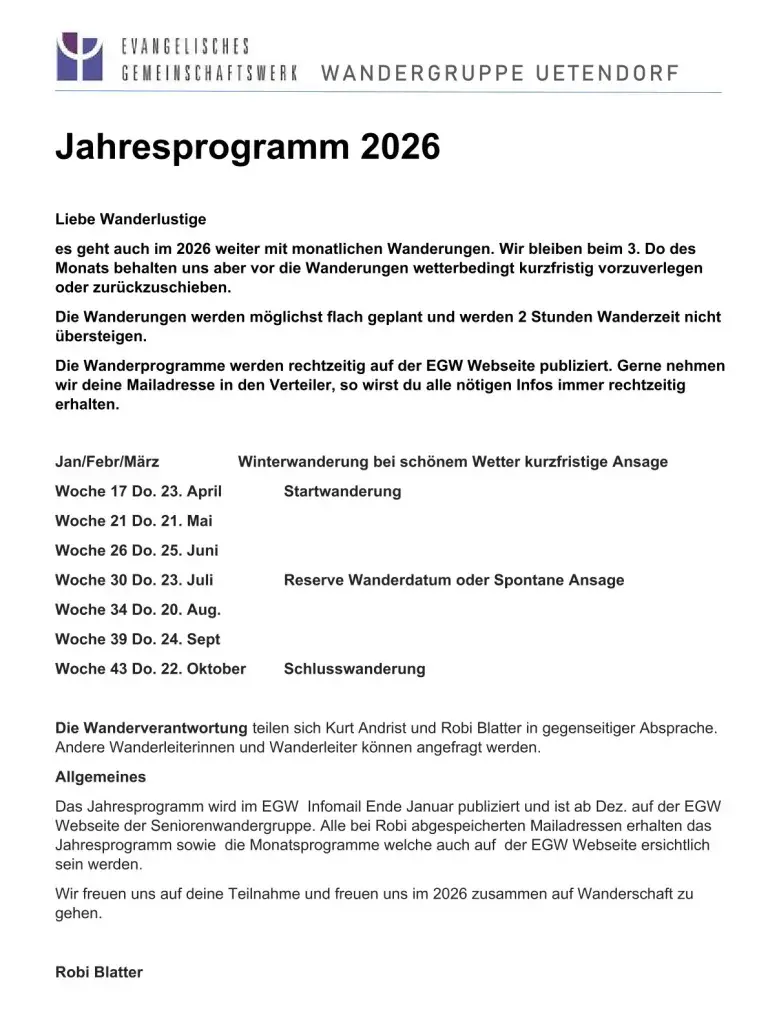 Wandergruppe Jahresprogramm 2026
